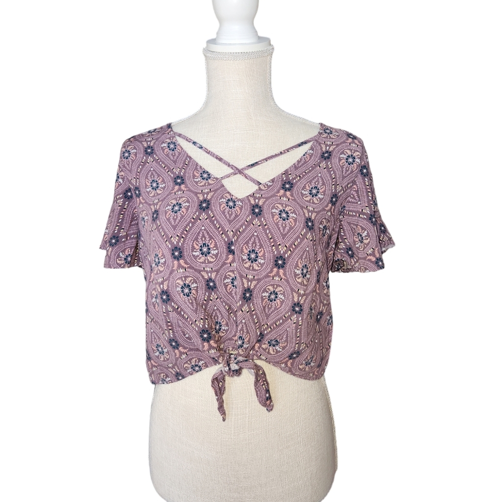 MUDD Junior's Purple Print Tie Front Crop Top size Medium